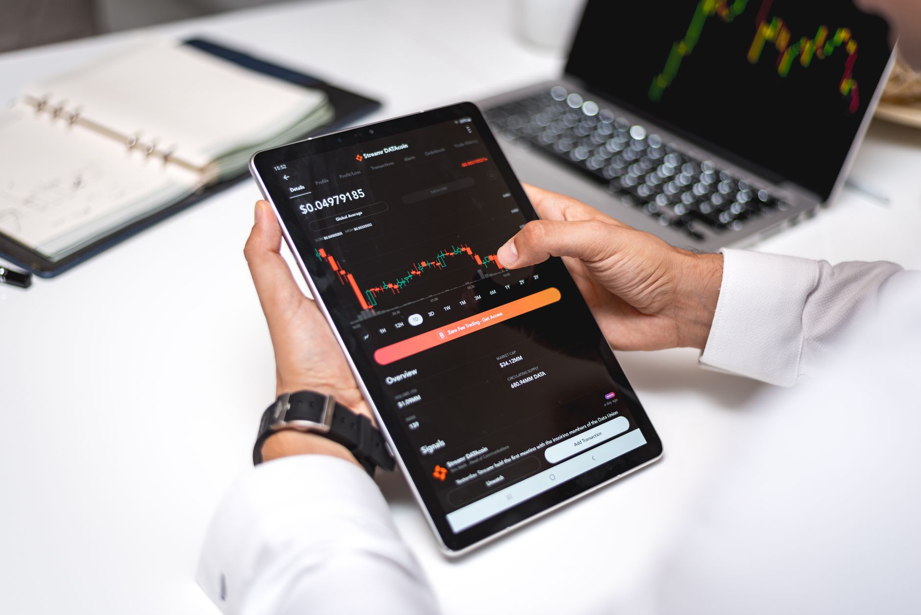 Person frowning at a laptop showing a fake AI crypto trading dashboard with red numbers